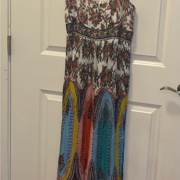 Anthropologie VIRGINIA M Ivory Blue Floral Chiffon Maxi Boho Dress - Picture 3 of 9